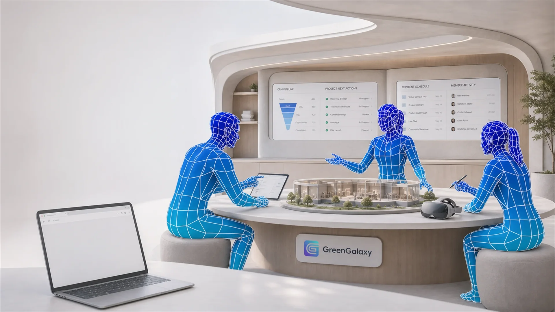 People collaborating inside a GreenGalaxy XR room with product content and controls